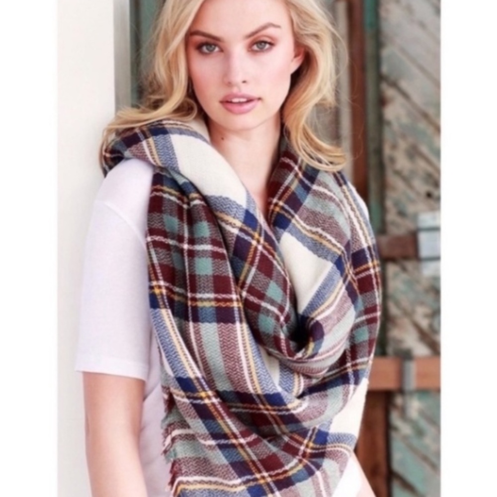 Ruggine Plaid Blanket Scarf Oversized Teal Fringe